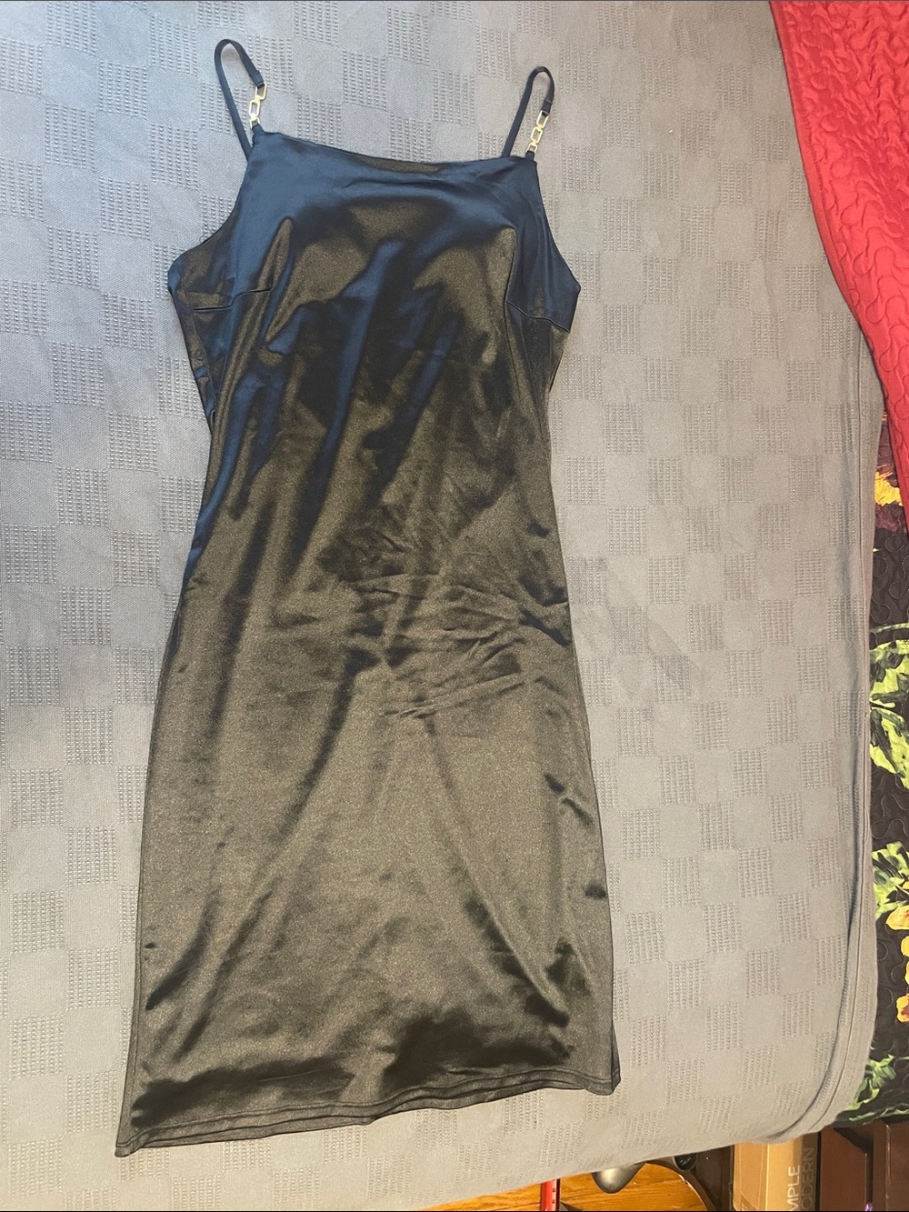 Planet Gold Sleek Black Satin Midi Slip Dress with Adjustable Straps